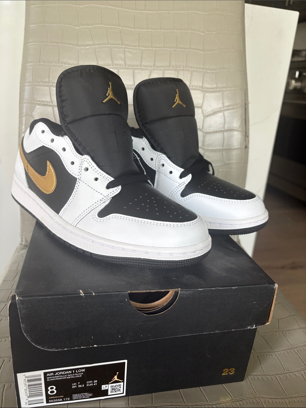 Nike Air Jordan 1 Low - Black/White/Metallic Gold Swoosh